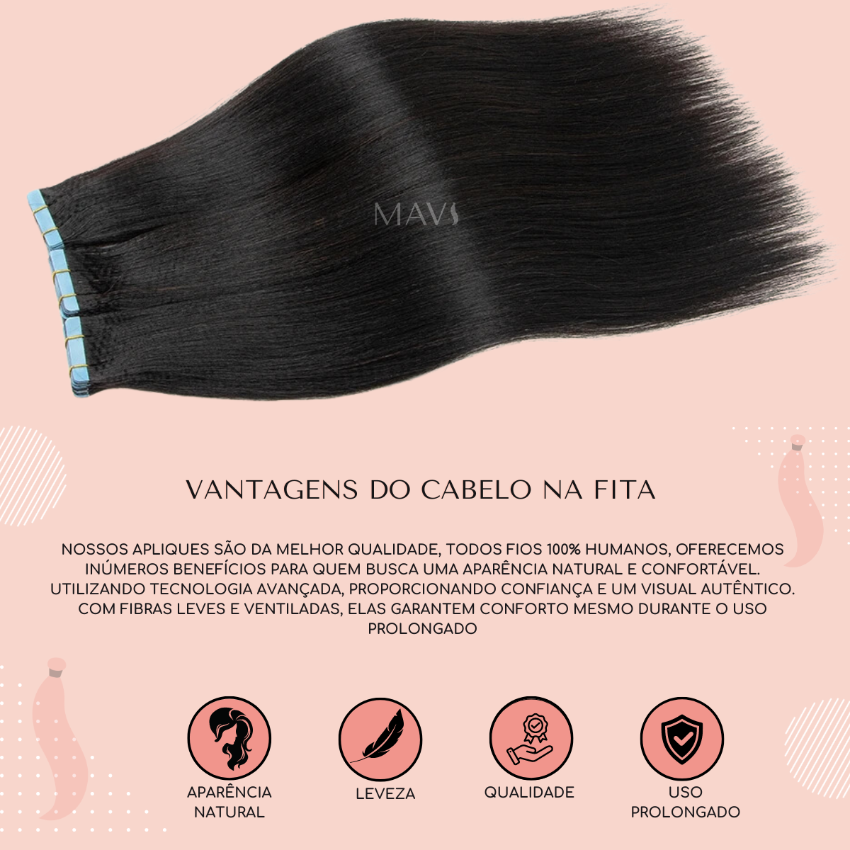 Cabelo 100% Humano Liso Castanho na Fita Adesiva 50g 45cm e 65cm