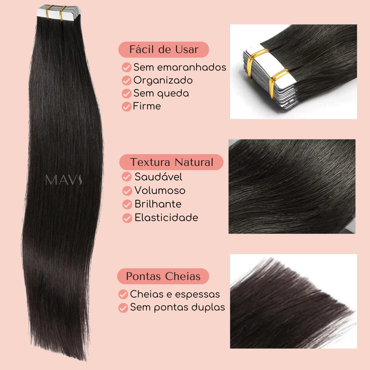 Cabelo 100% Humano Liso Castanho na Fita Adesiva 50g 45cm e 65cm