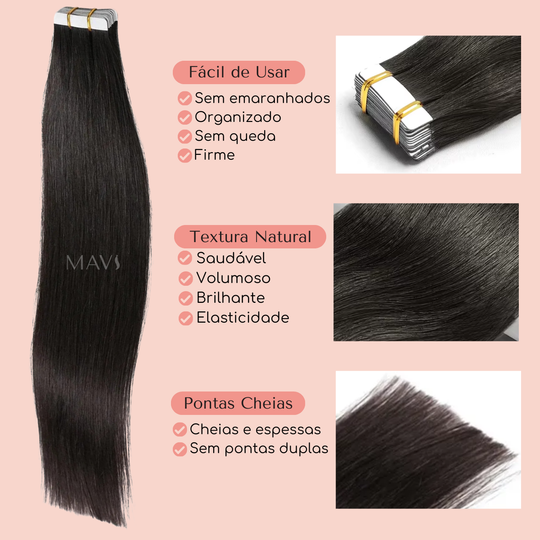 Cabelo 100% Humano Liso Castanho na Fita Adesiva 50g 45cm e 65cm