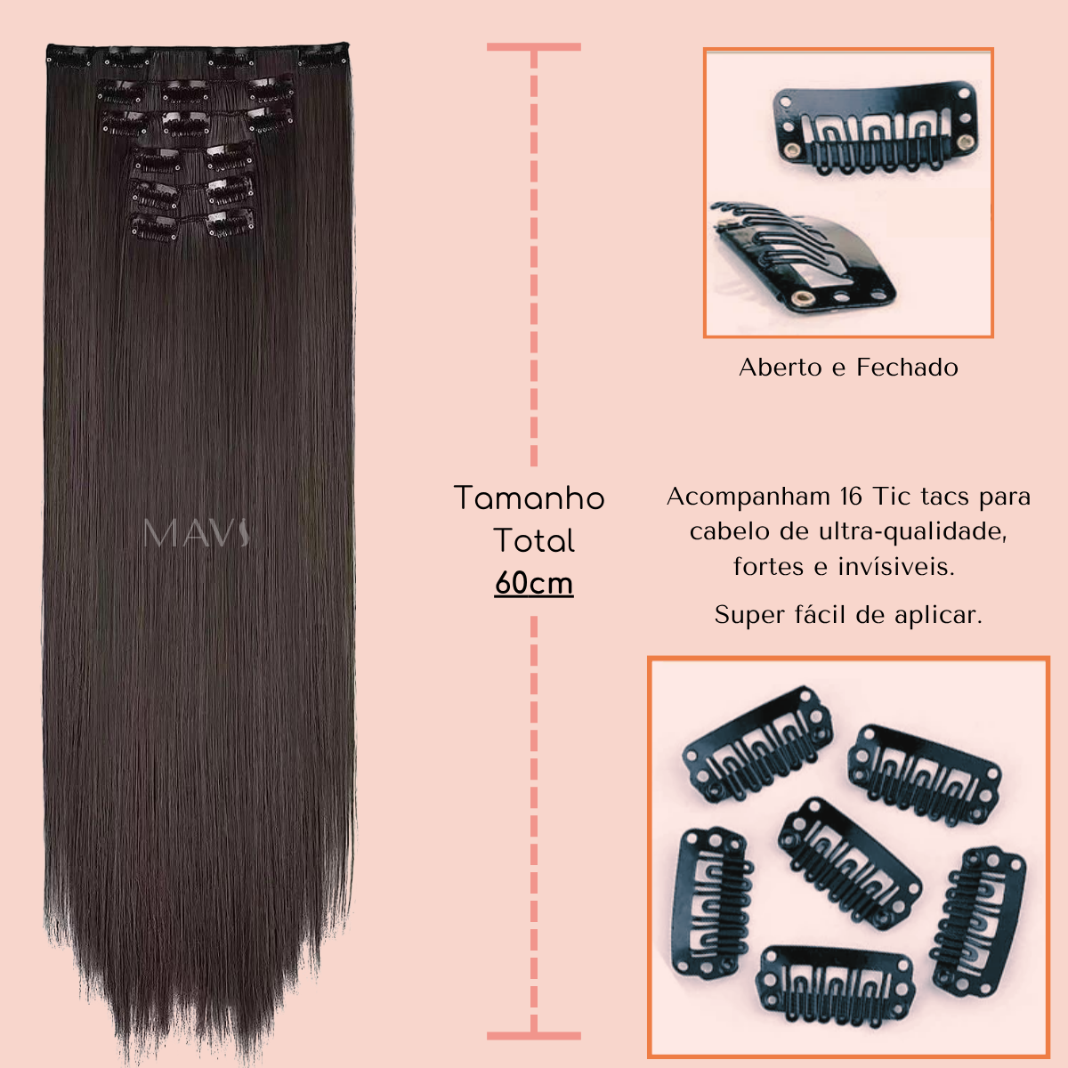 Aplique Cabelo do Futuro Liso no Tic Tac 60cm 180g Mega Hair