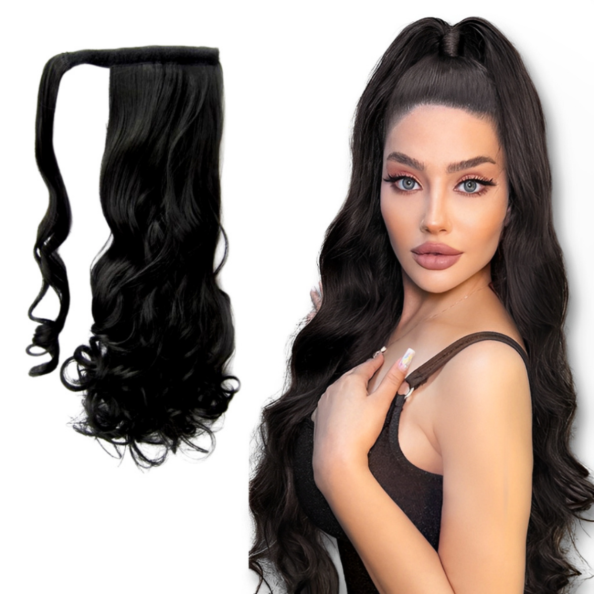 Rabo De Cavalo Ondulado com Velcro Castanho Escuro 100g 60cm