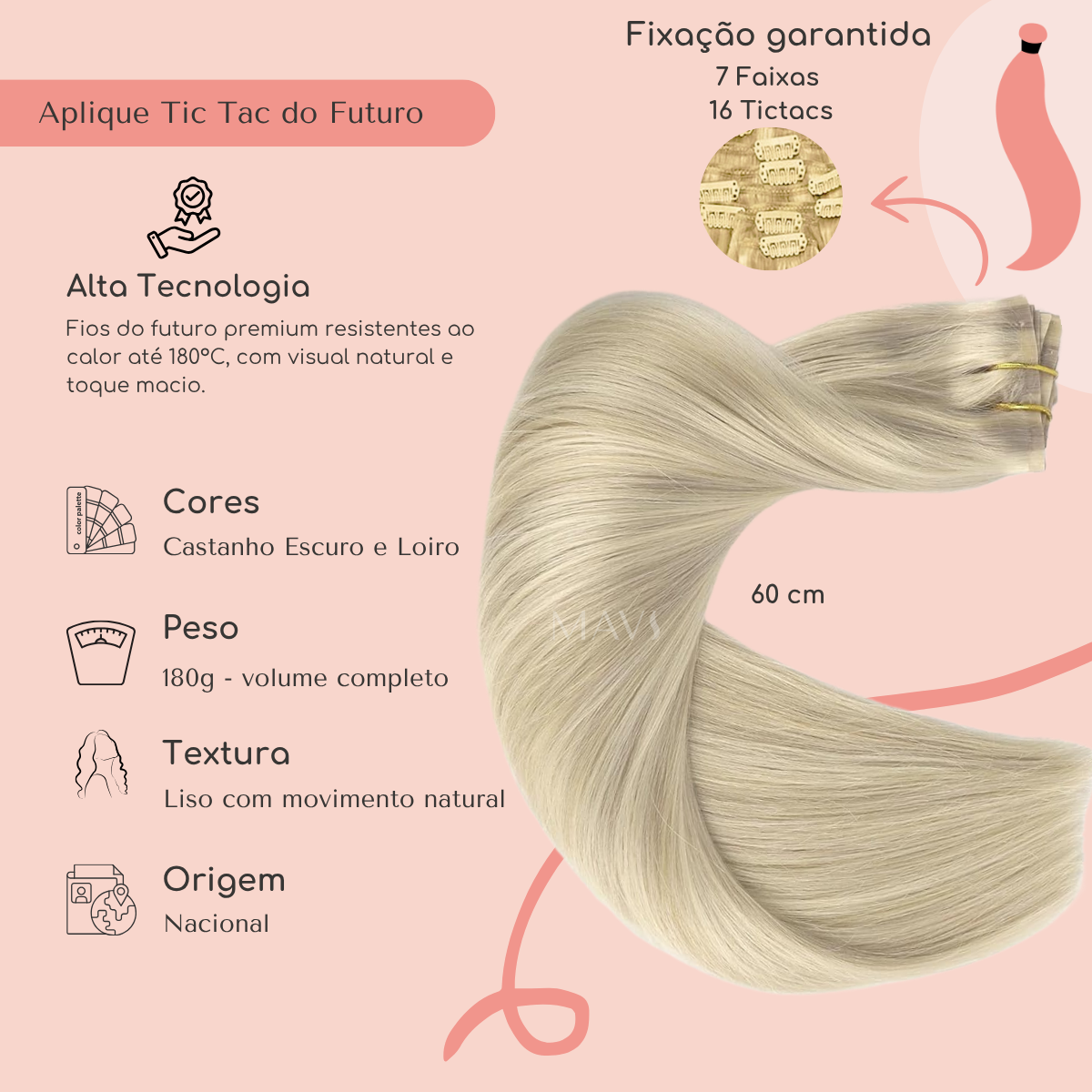 Aplique Cabelo do Futuro Liso no Tic Tac 60cm 180g Mega Hair