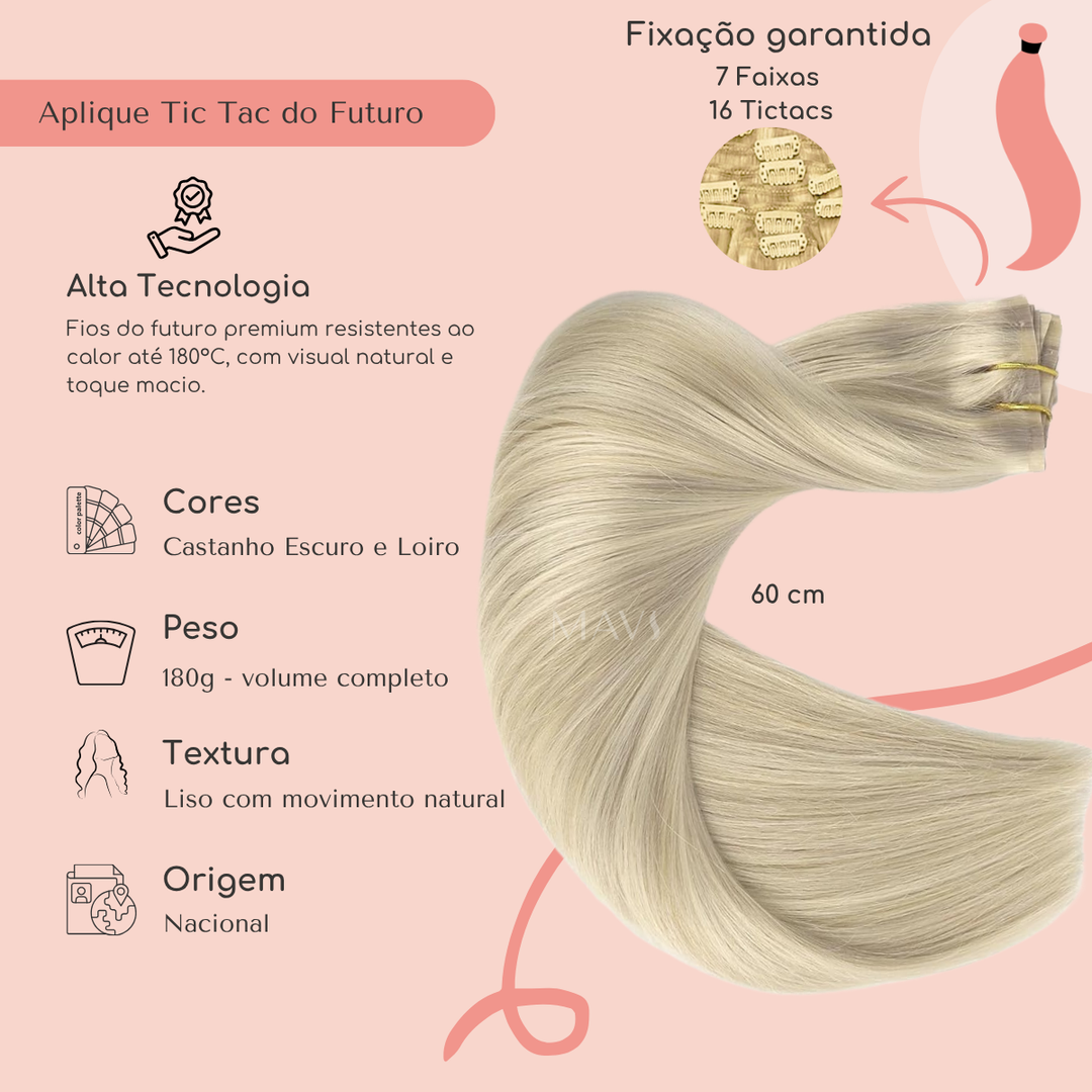 Aplique Cabelo do Futuro Liso no Tic Tac 60cm 180g Mega Hair