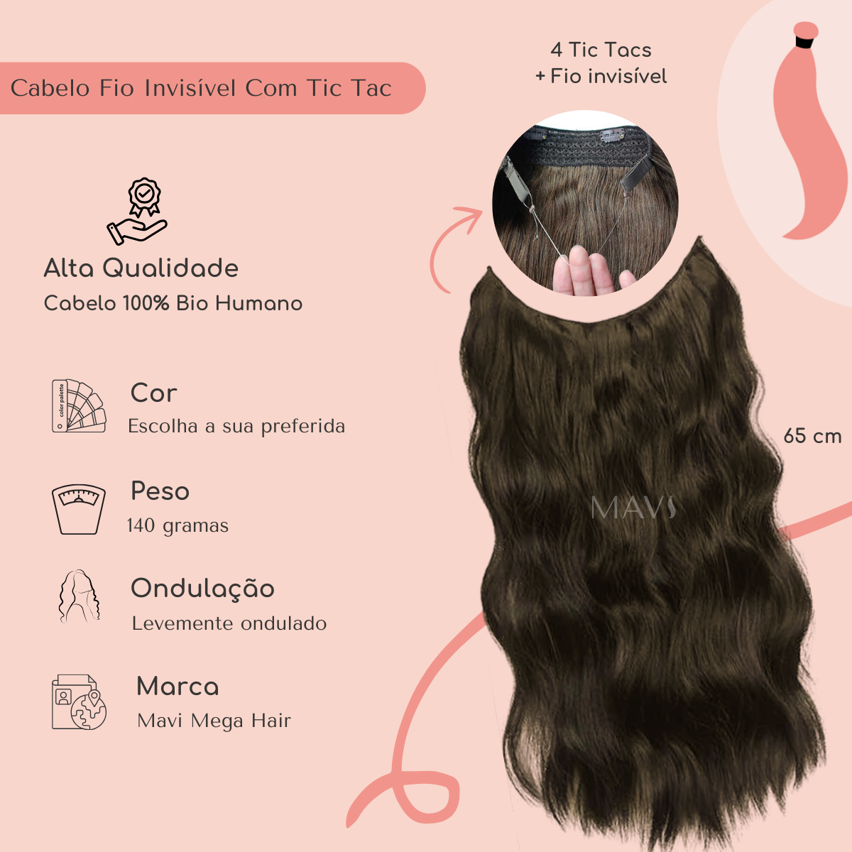 Cabelo Ondulado Bio Humano Fio Invisível Tic Tac 65cm 140gr