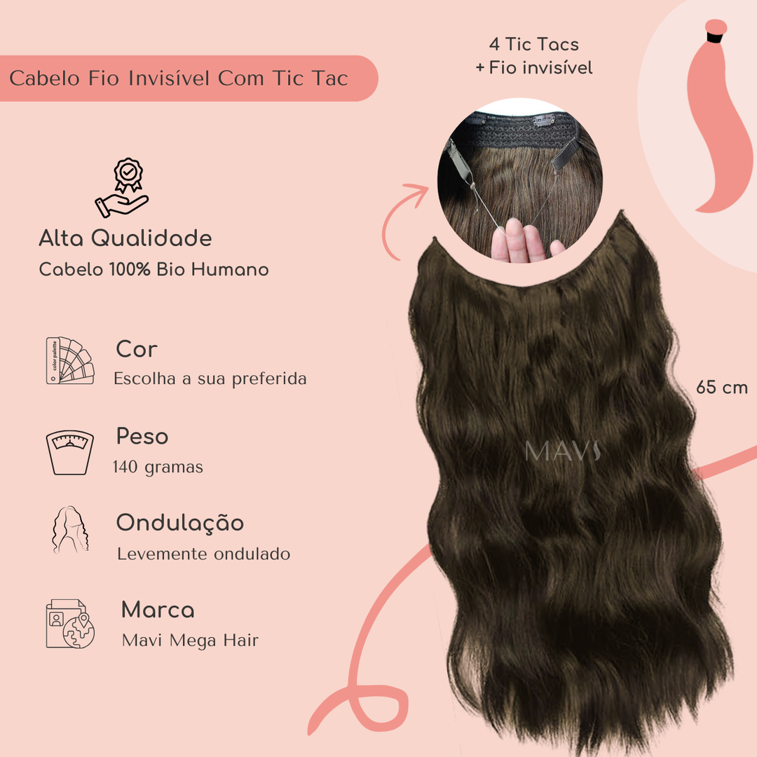 Cabelo Ondulado Bio Humano Fio Invisível Tic Tac 65cm 140gr
