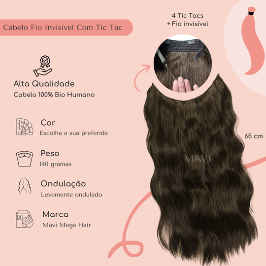 Cabelo Ondulado Bio Humano Fio Invisível Tic Tac 65cm 140gr