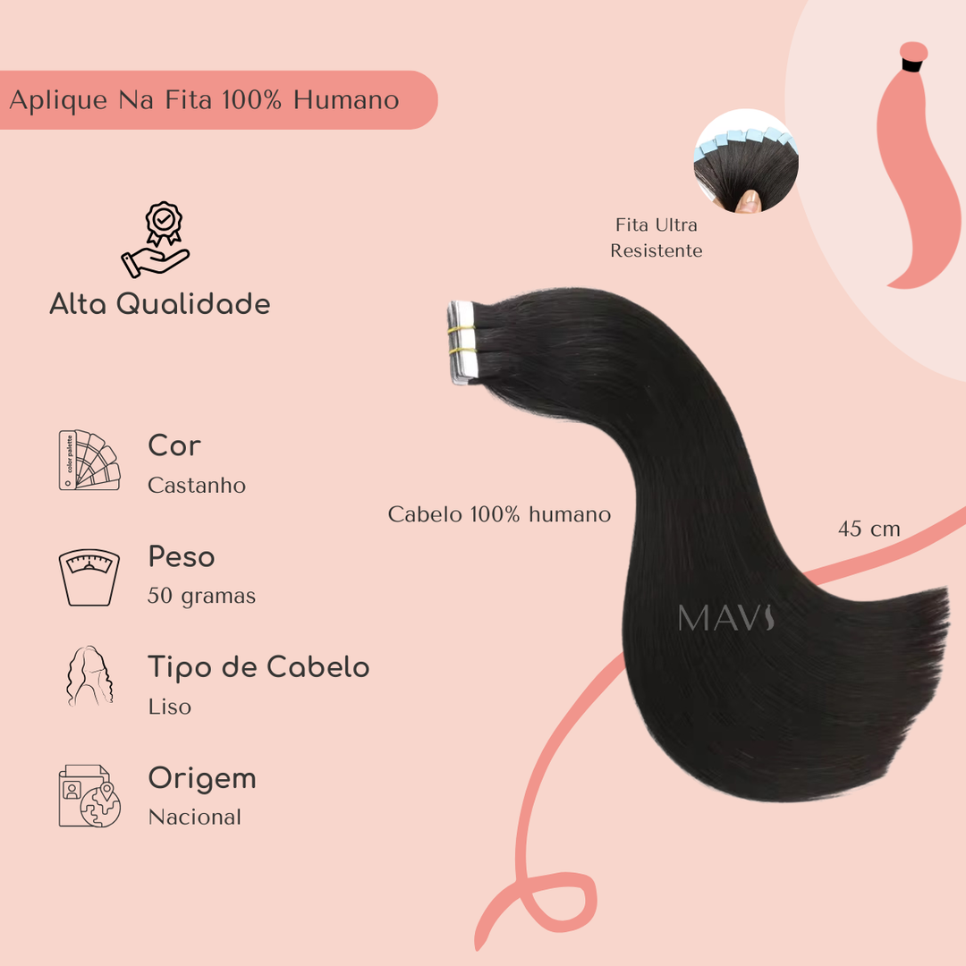 Cabelo 100% Humano Liso Castanho na Fita Adesiva 50g 45cm e 65cm