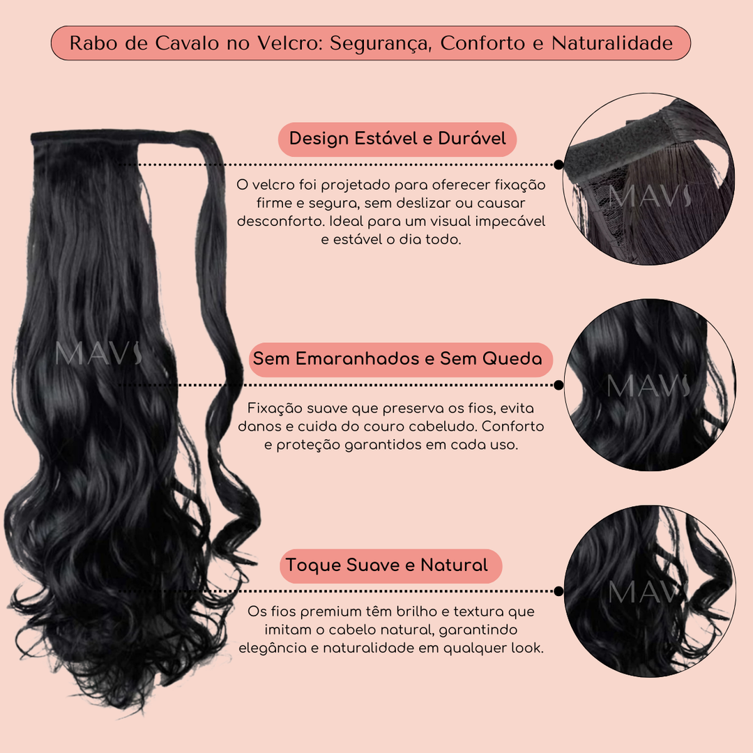 Rabo De Cavalo Ondulado com Velcro Castanho Escuro 100g 60cm