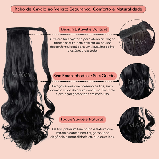 Rabo De Cavalo Ondulado com Velcro Castanho Escuro 100g 60cm